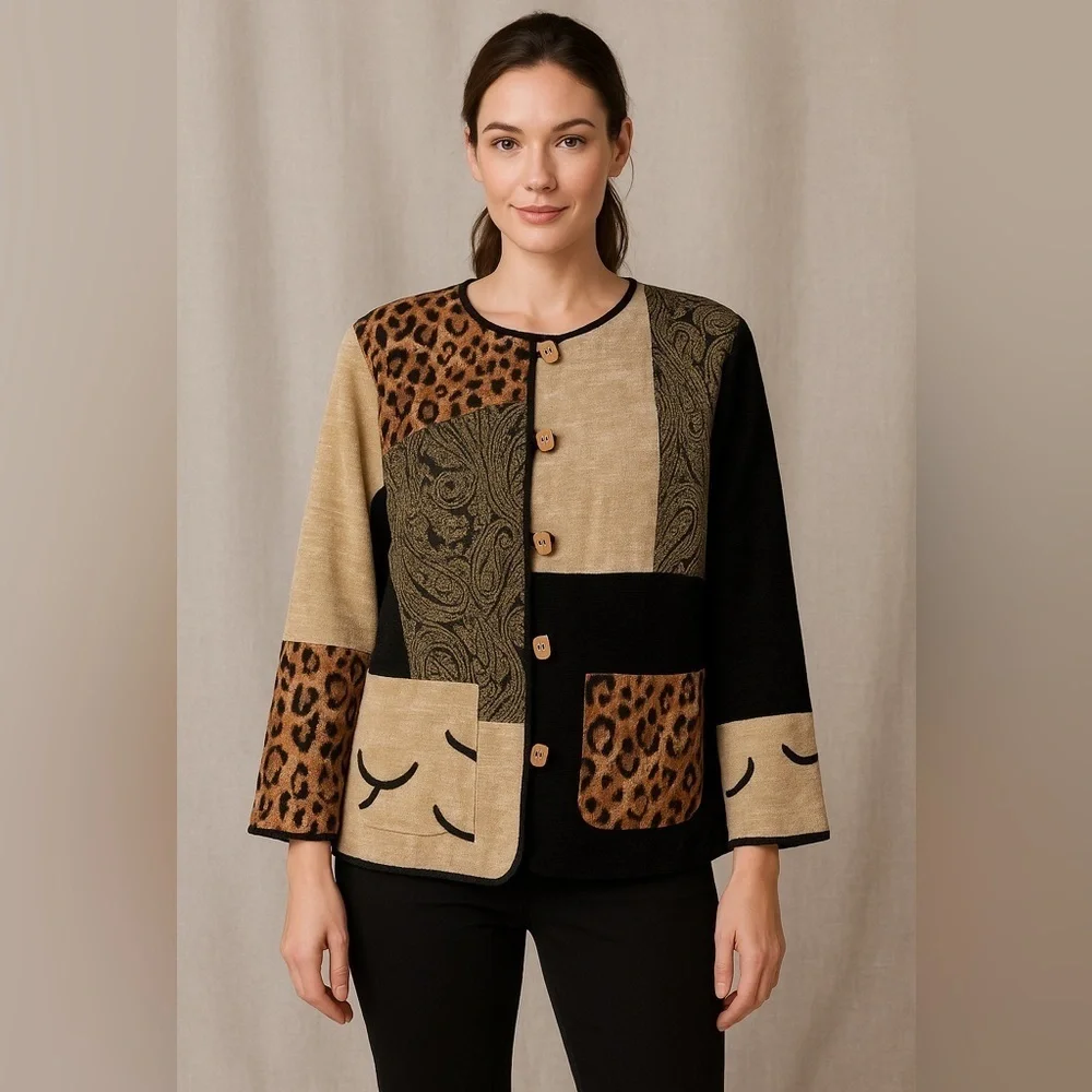 Indigo Moon women’s patchwork jacket 1X- leopard print, paisley